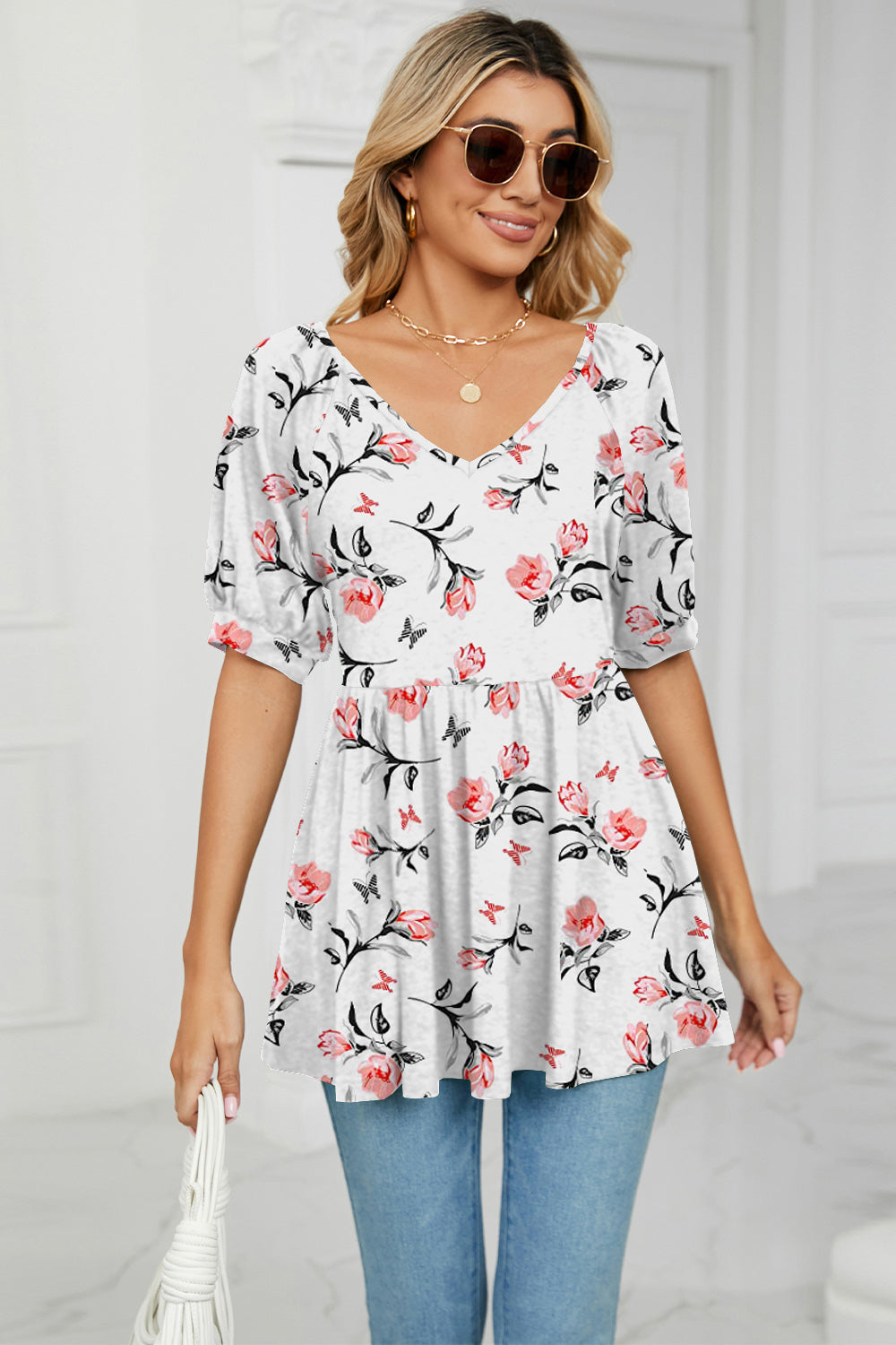 Buy white V-Neck Babydoll Blouse