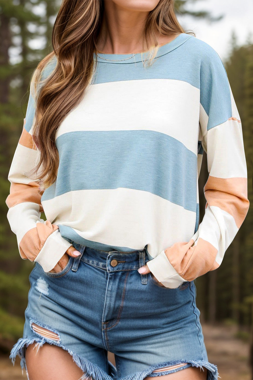 Buy light-blue Contrast Color Block Round Neck Long Sleeve Top