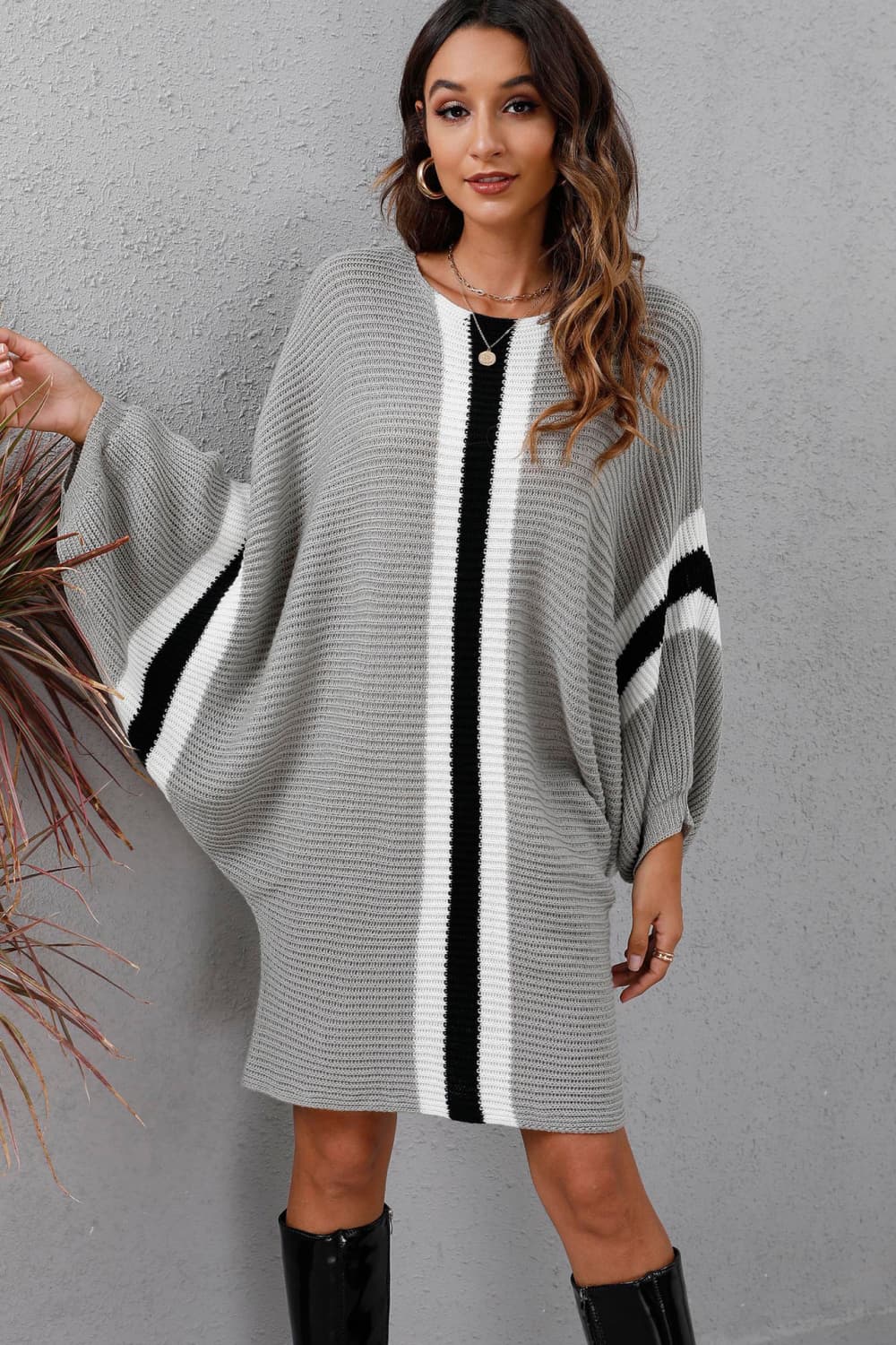 Buy light-gray Ribbed Round Neck Long Sleeve Sweater Dress