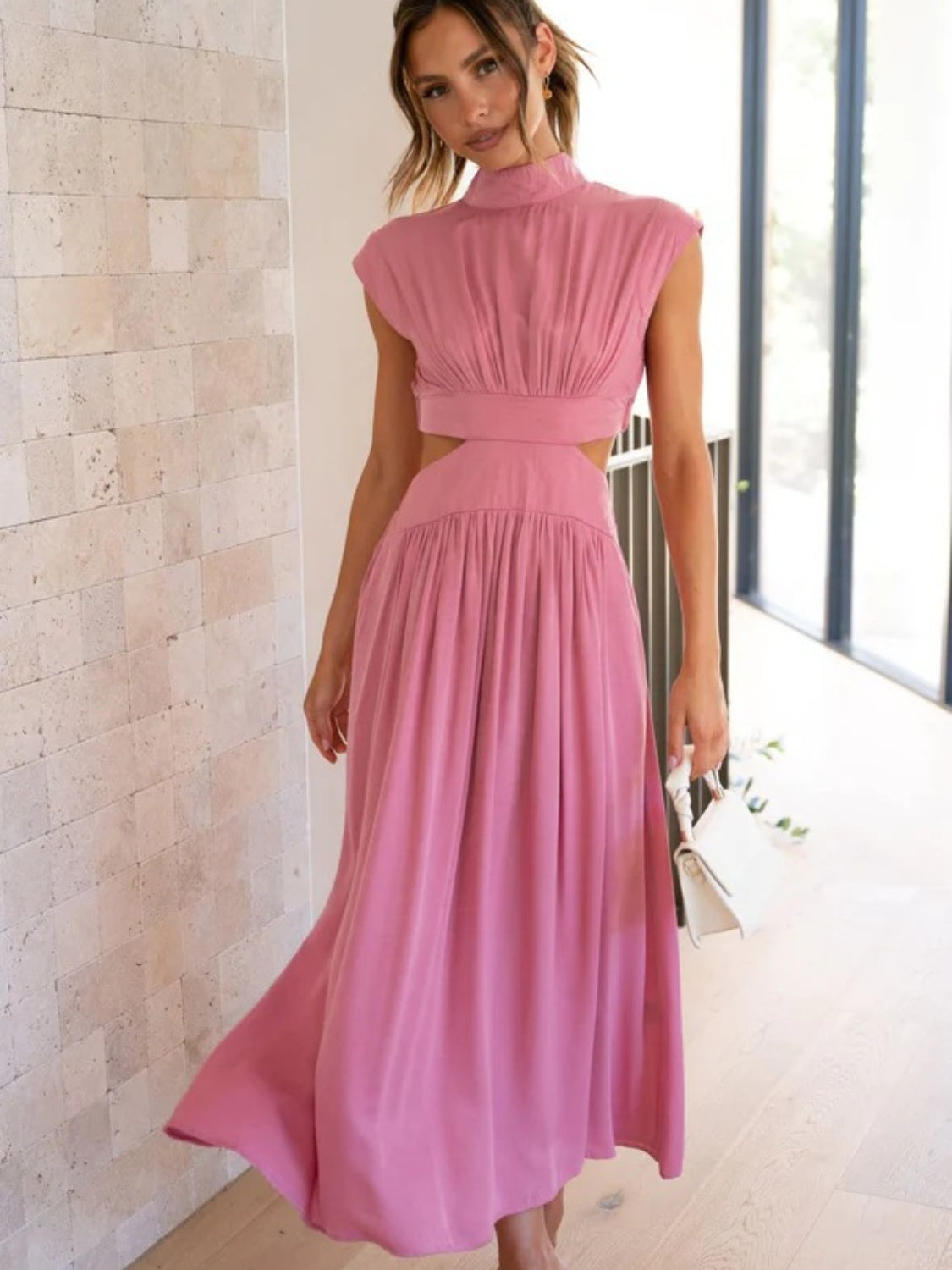 Buy pink Cutout Mock Neck Sleeveless Ruched Dress