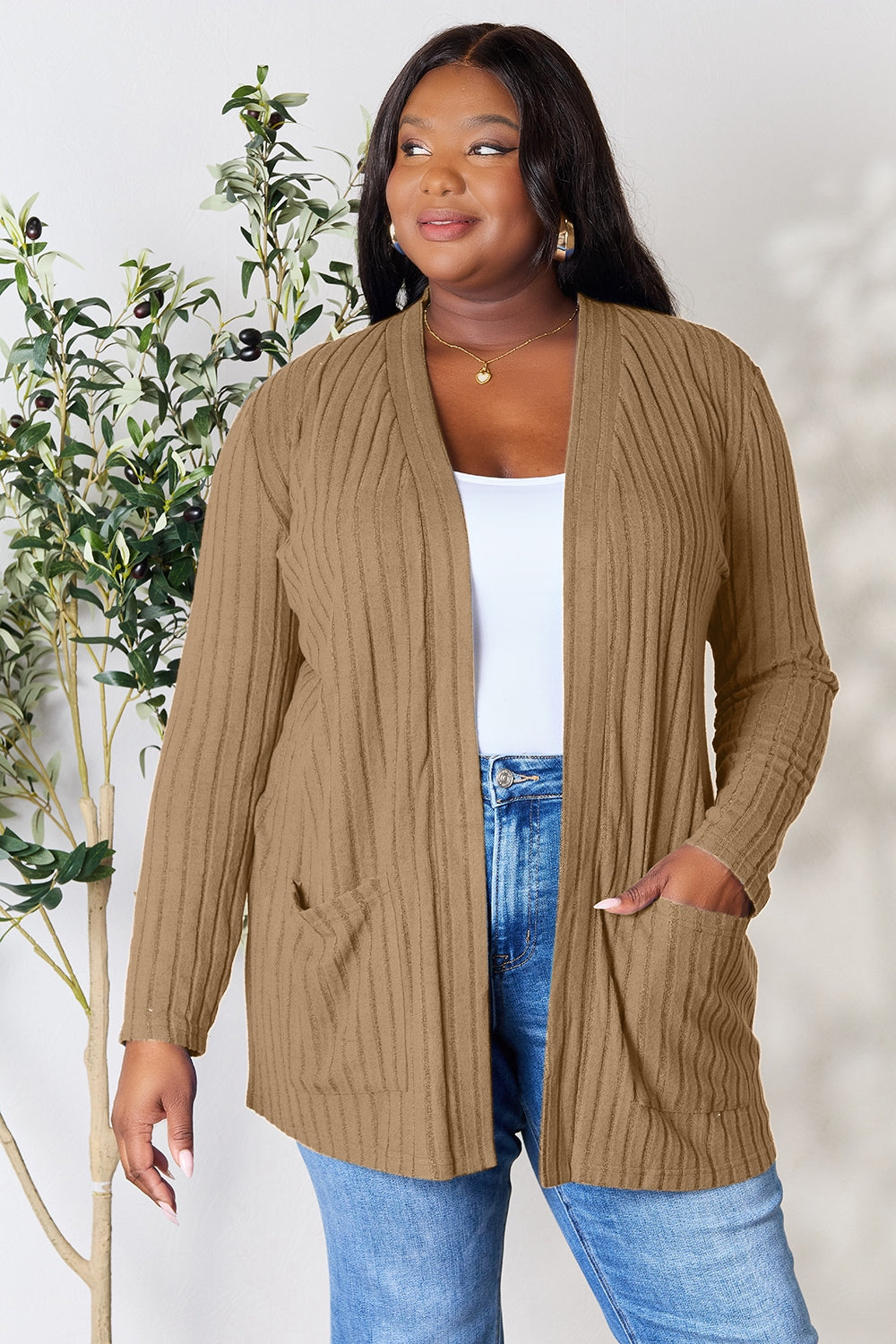 Buy khaki Basic Bae Full Size Ribbed Open Front Cardigan with Pockets