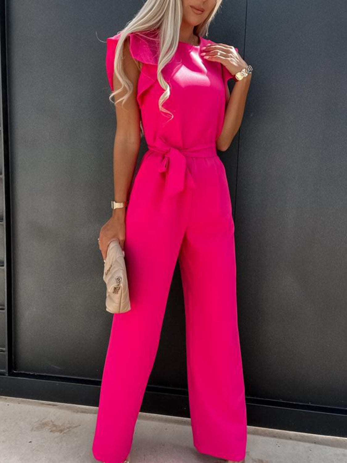 Buy hot-pink Ruffled Round Neck Cap Sleeve Jumpsuit