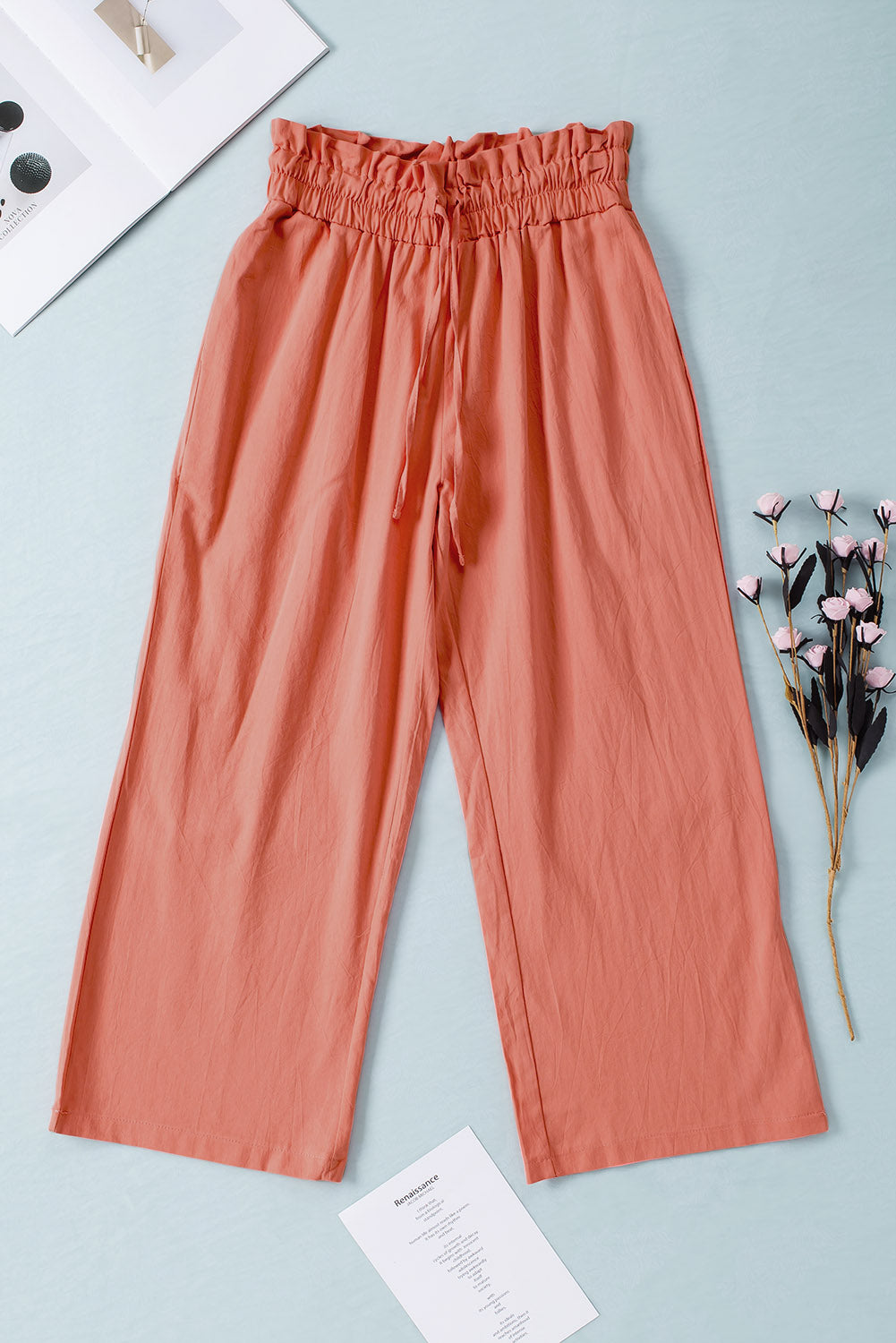 Buy coral Drawstring Paperbag Waist Wide Leg Pants