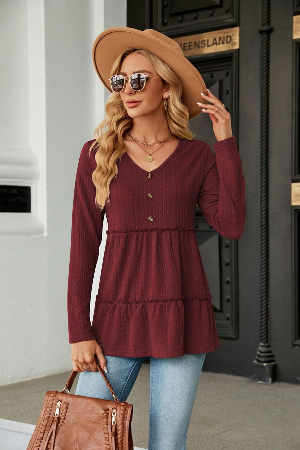 Buy burgundy Long Sleeve V-Neck Cable-Knit Blouse