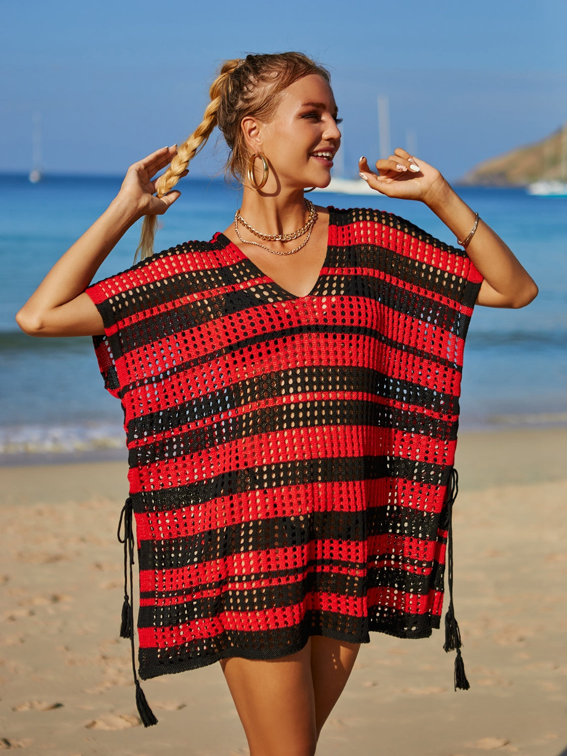 Buy black Angel Wings Tassel Openwork Striped V-Neck Cover Up