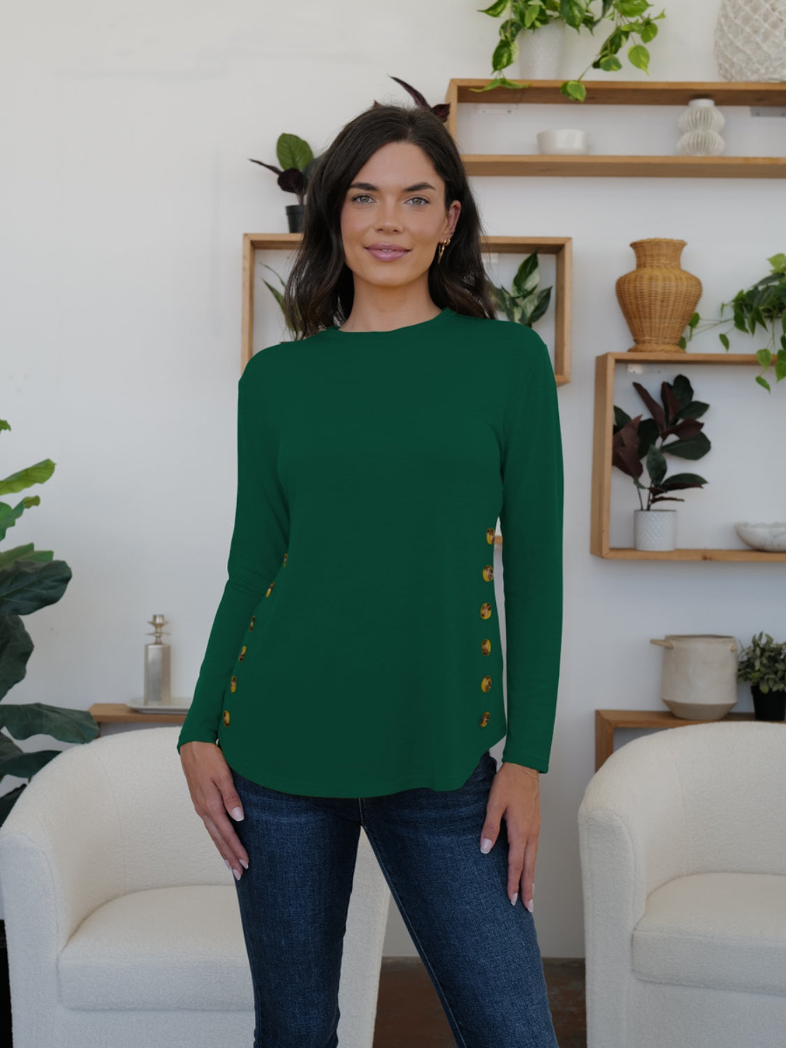 Buy dark-green FAM-FAM Round Neck Long Sleeve T-Shirt