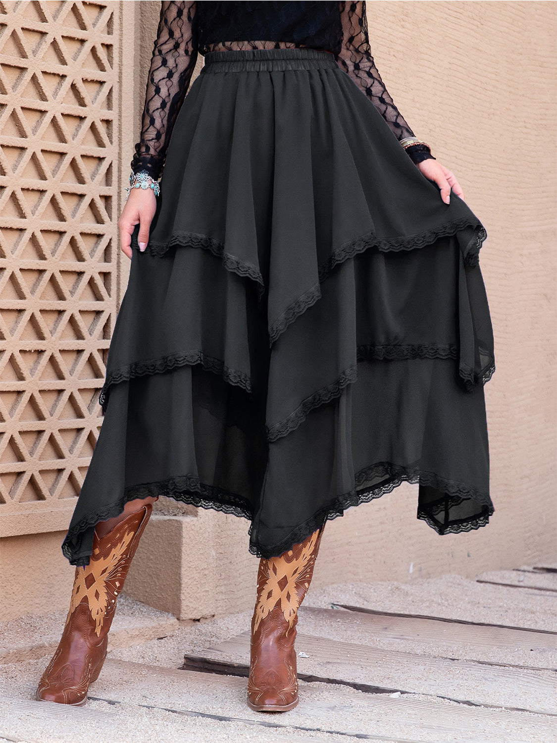 Buy black Tiered Lace Detail Midi Skirt