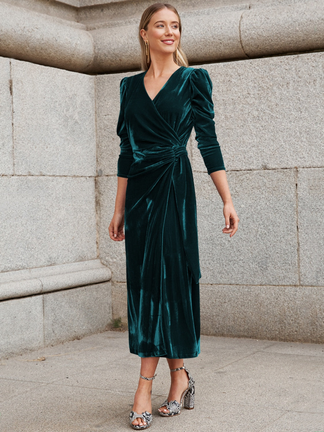 Buy dark-green Surplice Puff Sleeve Midi Dress