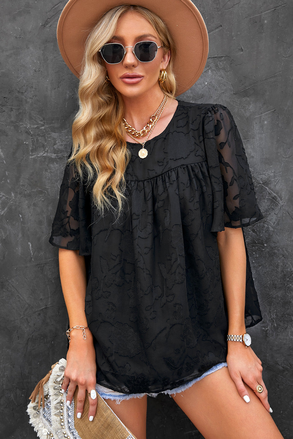 Buy black Round Neck Puff Sleeve Blouse