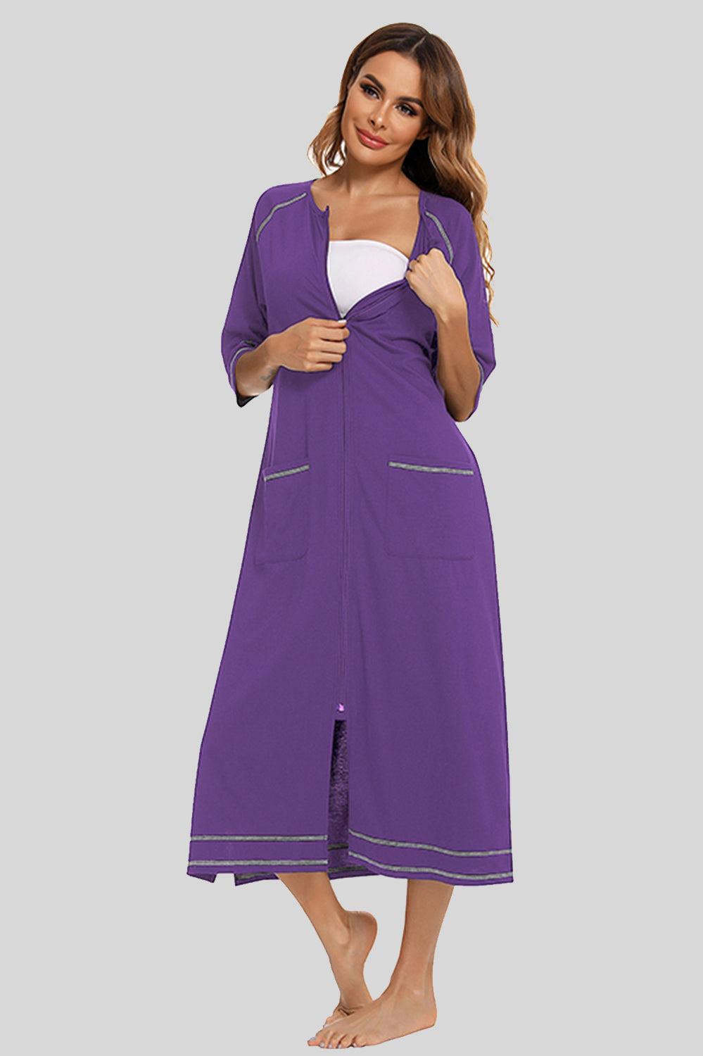 Buy violet Zip Up Slit Round Neck Night Dress with Pockets