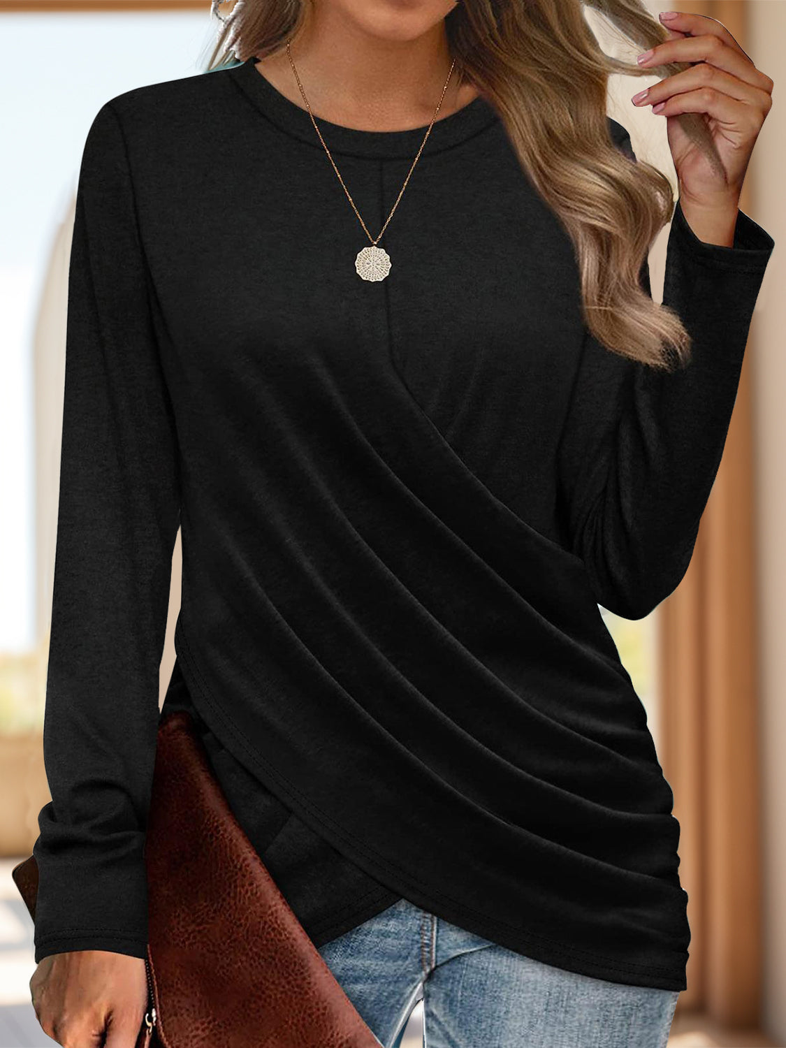 Buy black Ruched Round Neck Long Sleeve T-Shirt