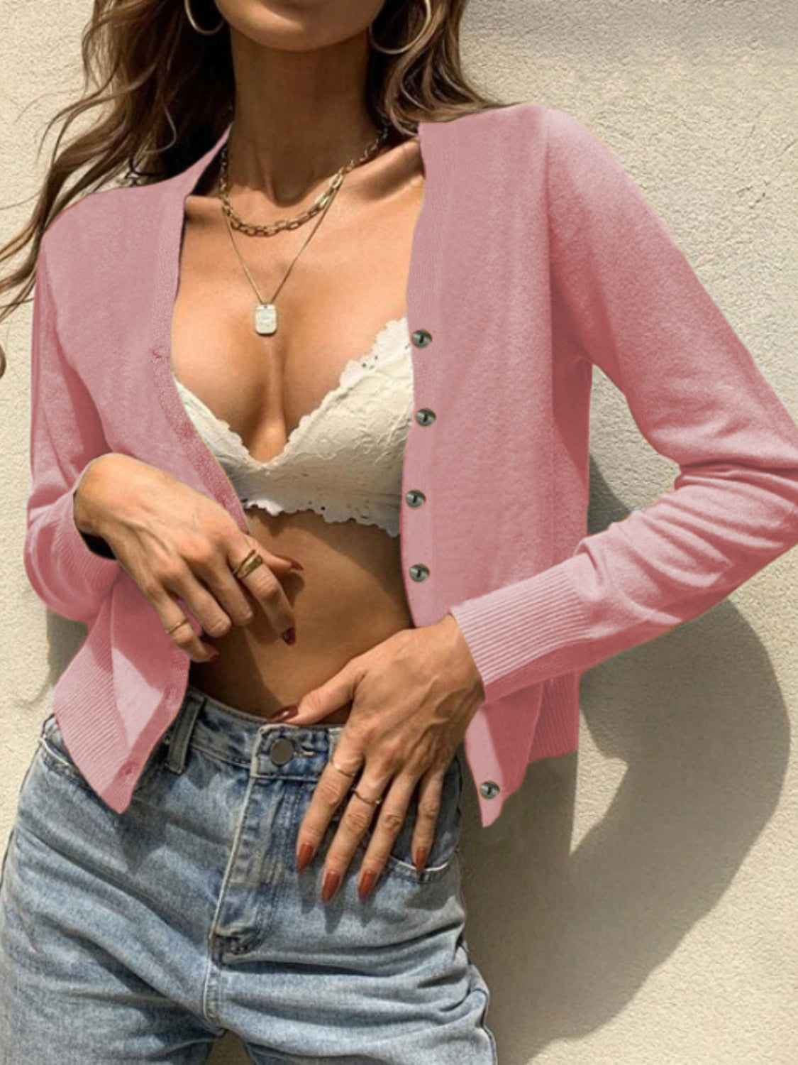 Buy dusty-pink Button Up Long Sleeve Cardigan