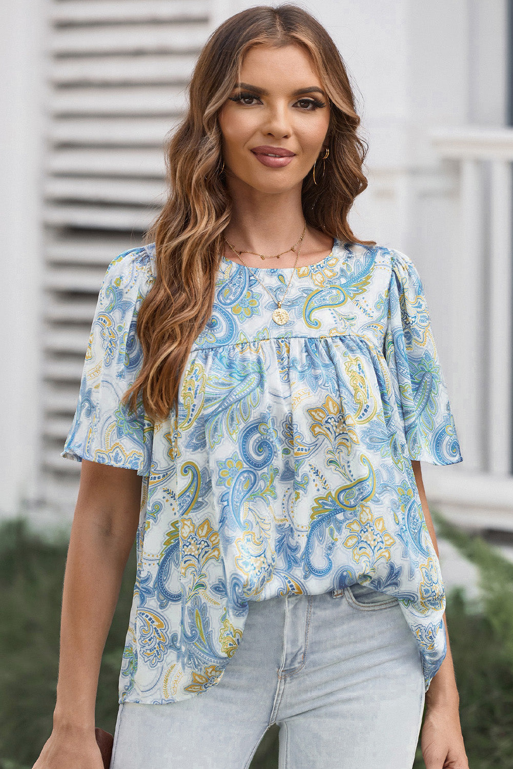 Buy light-blue Printed Round Neck Short Sleeve Blouse