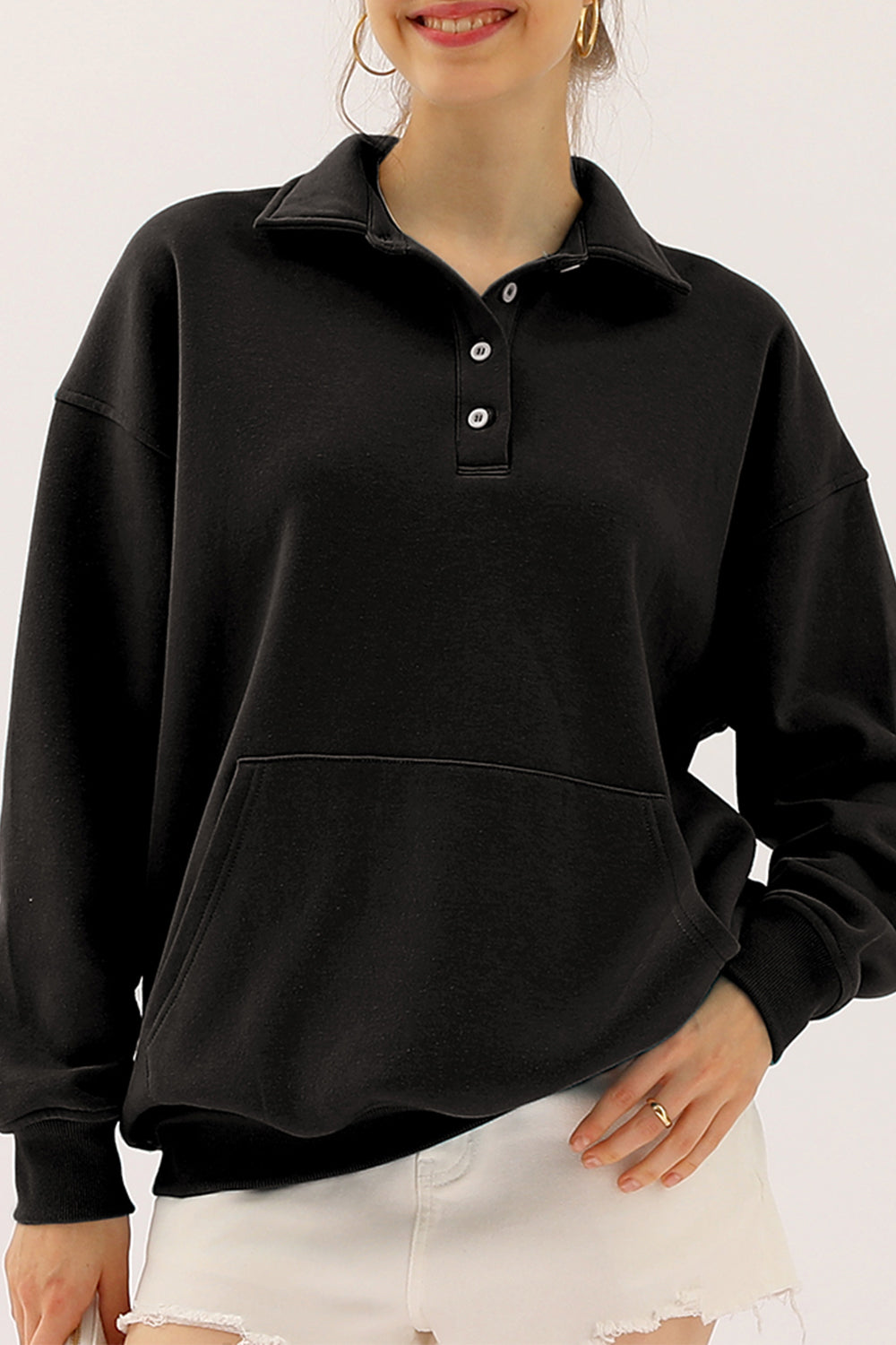 Buy black Ninexis Full Size Quarter-Button Collared Sweatshirt