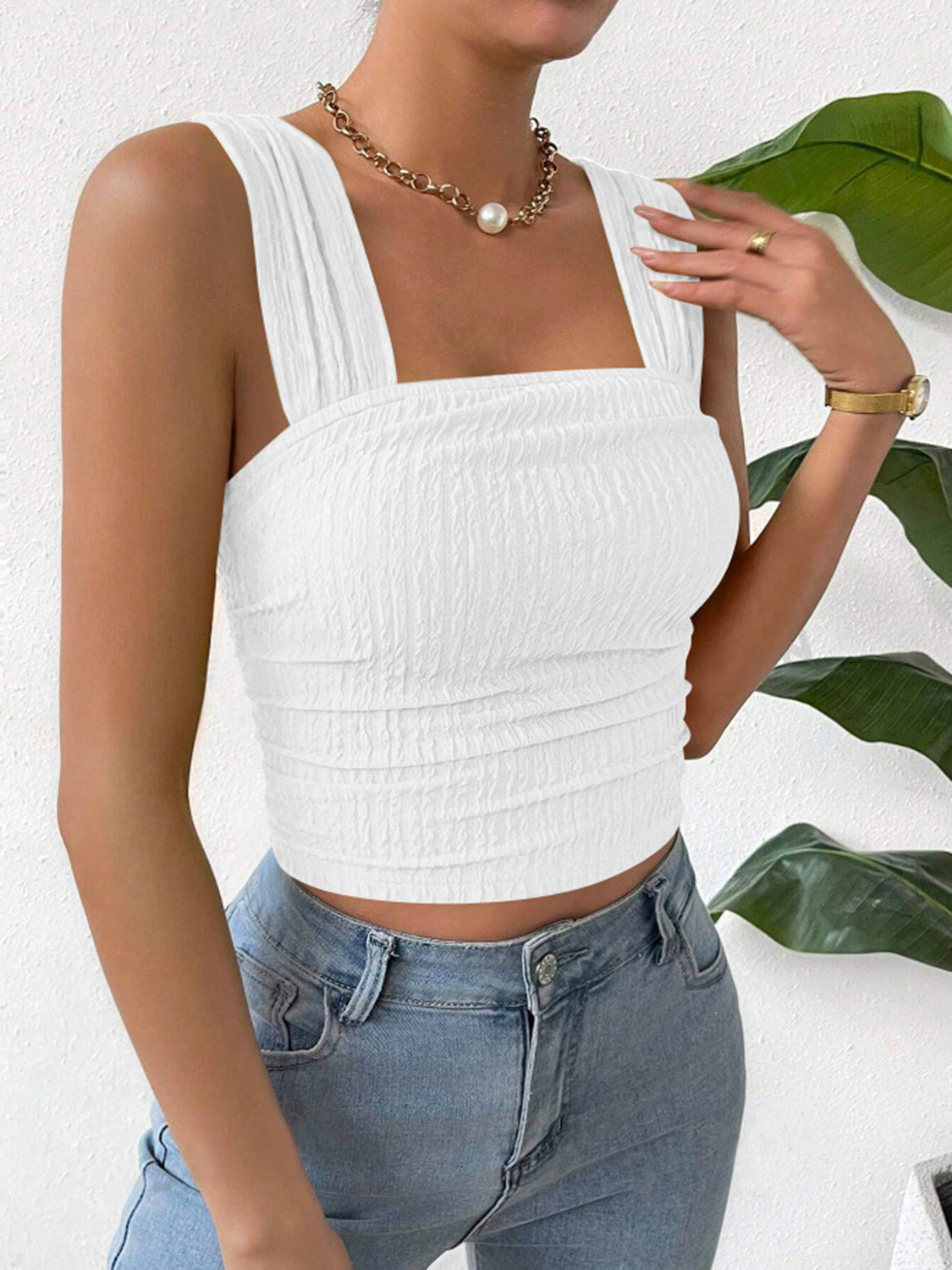 Buy white Textured Square Neck Wide Strap Tank