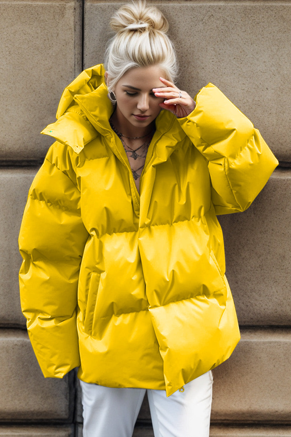 Buy yellow Pocketed Zip Up Hooded Puffer Jacket