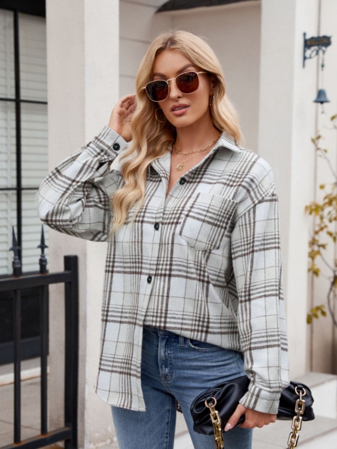 Buy white Mandy Pocketed Plaid Collared Neck Long Sleeve Shirt