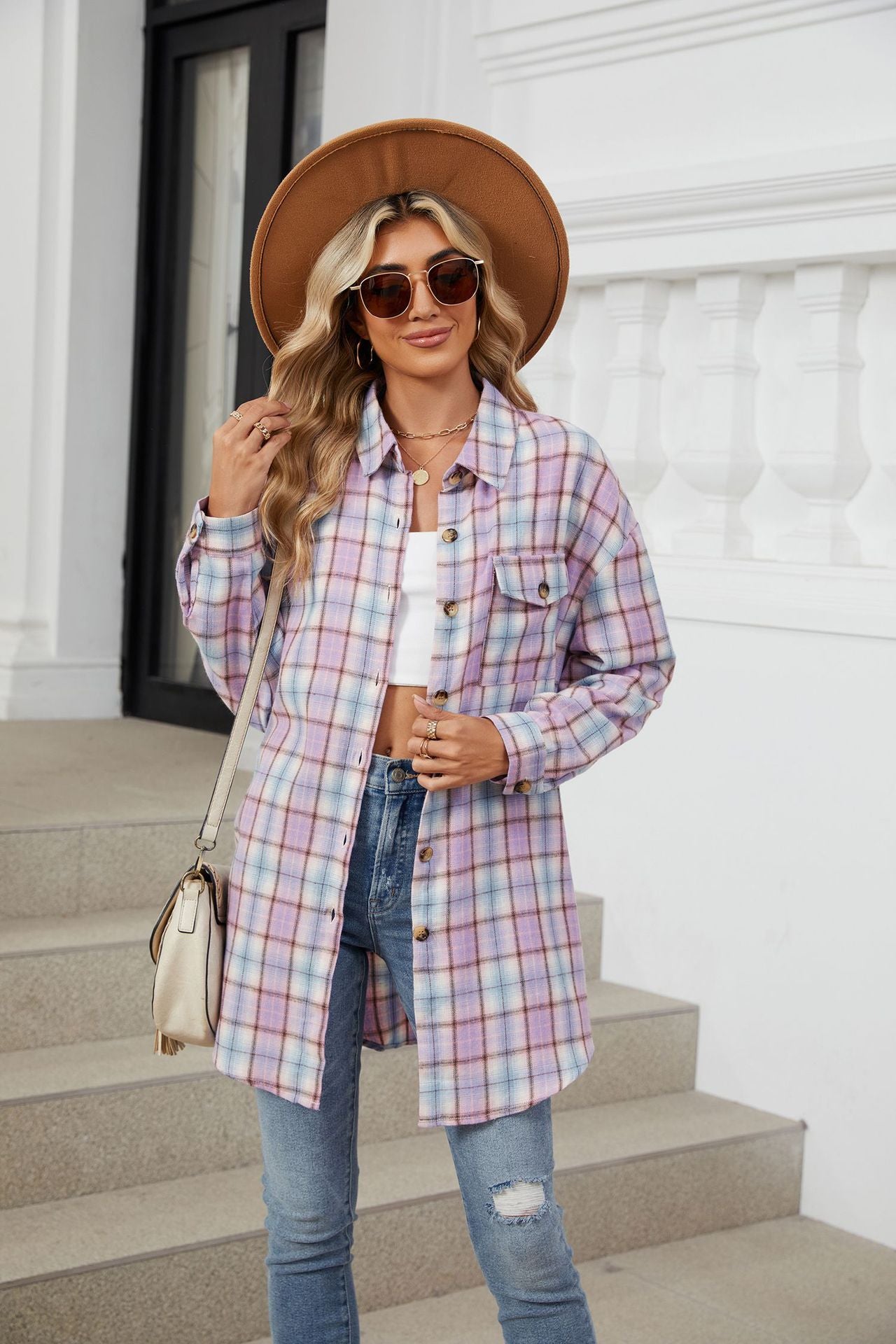 Buy pink-purple Plaid Collared Neck Long Sleeve Shirt