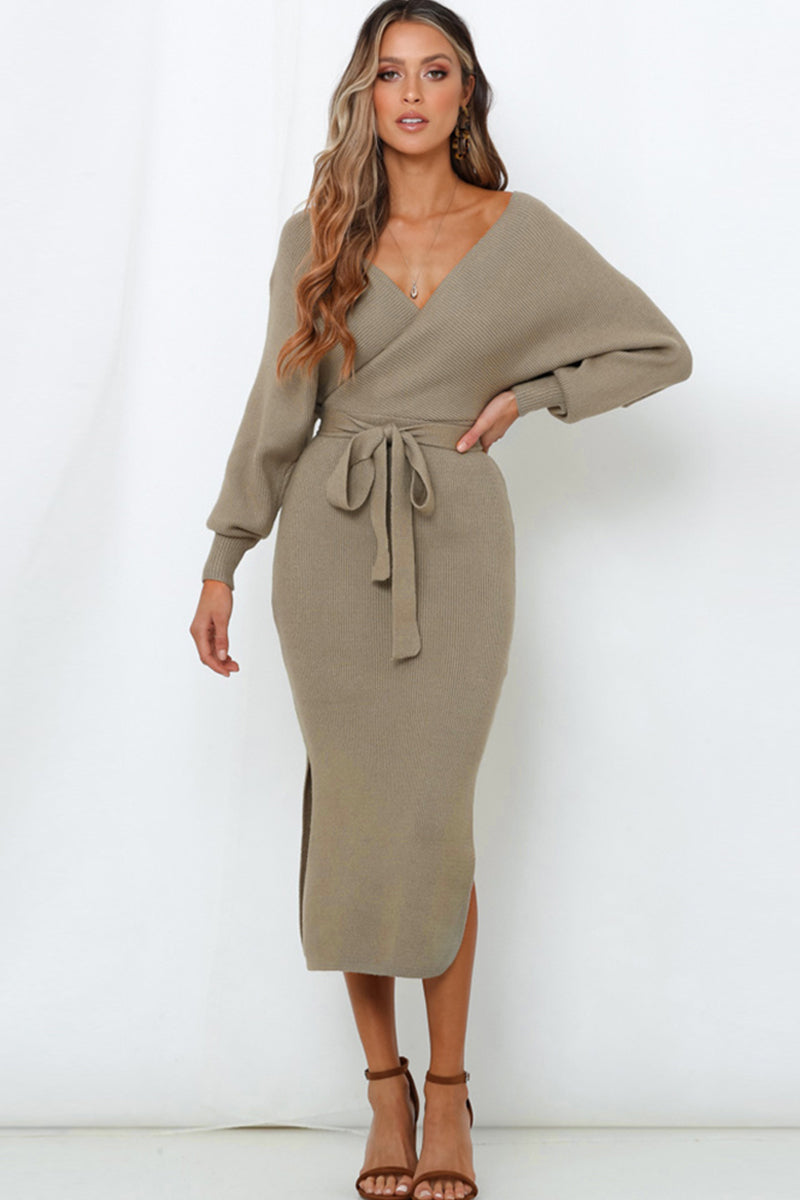 Buy khaki Surplice Neck Bow Waist Slit Sweater Dress