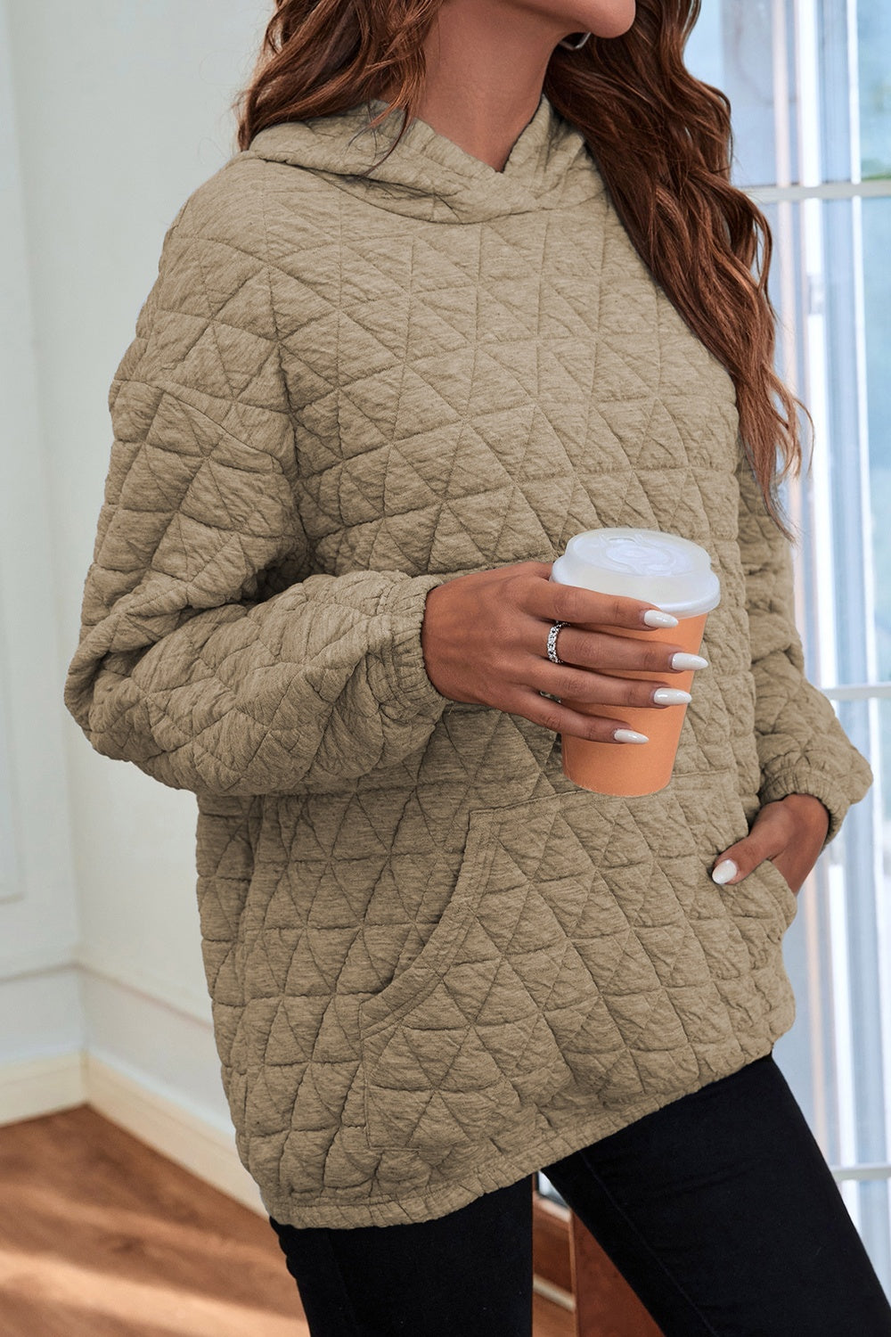 Buy khaki Quilted Long Sleeve Hoodie with Pocket