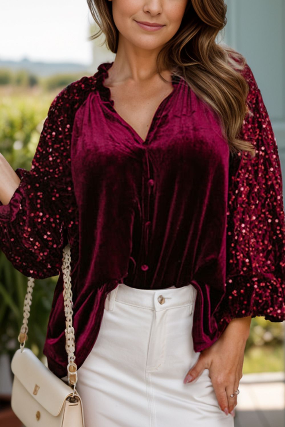 Buy burgundy Sequin Notched Long Sleeve Blouse