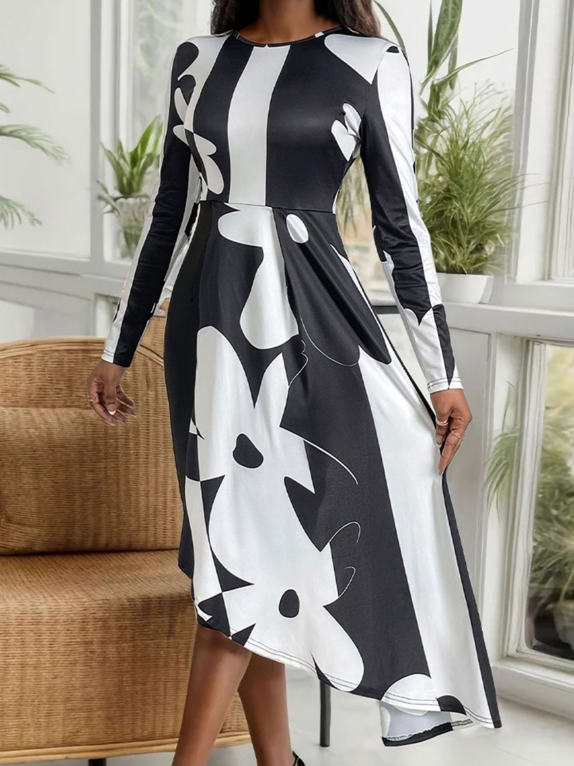 Perfee Asymmetrical Slit Round Neck Long Sleeve Midi Dress