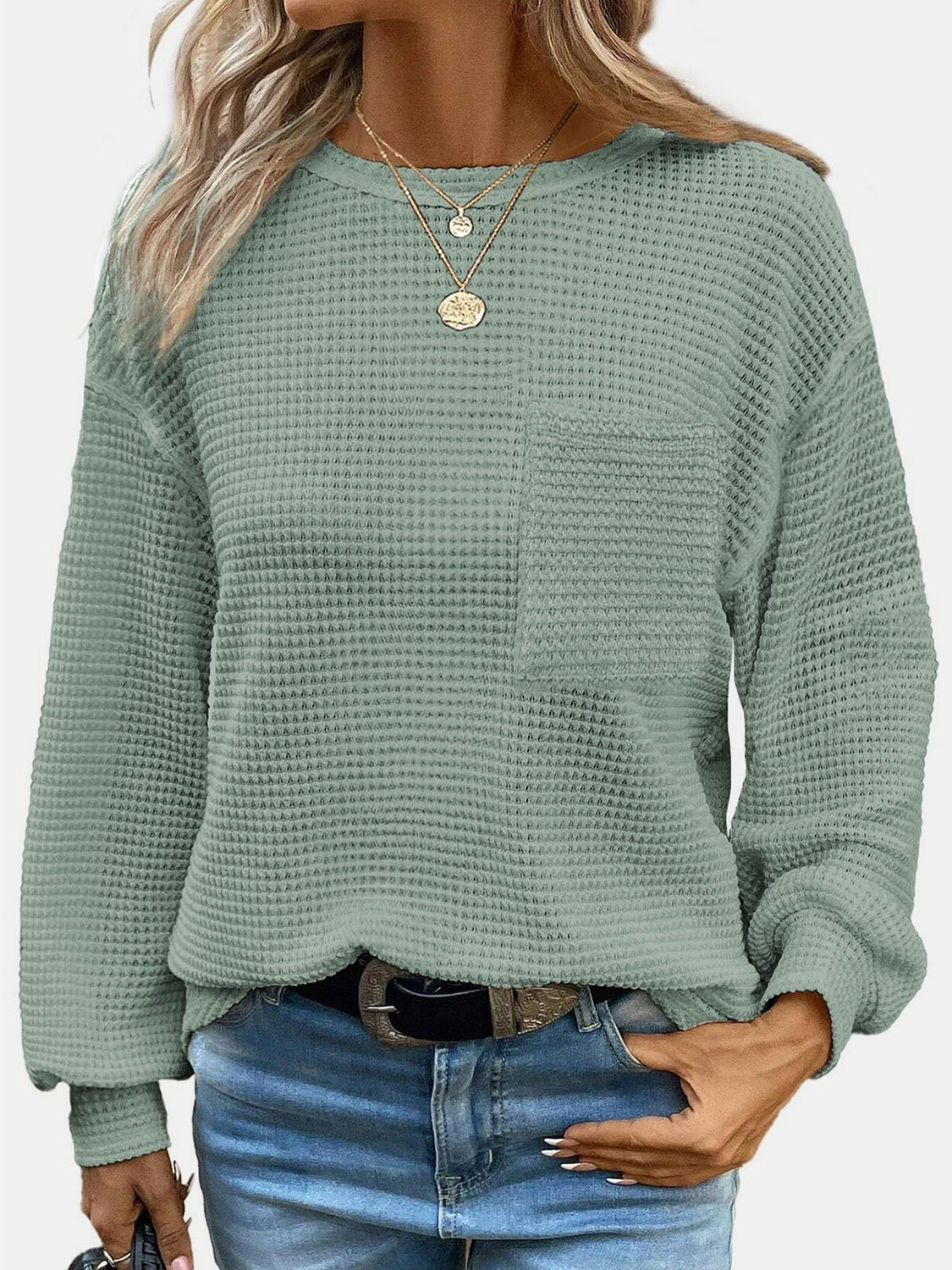 Buy sage Mandy Round Neck Long Sleeve T-Shirt