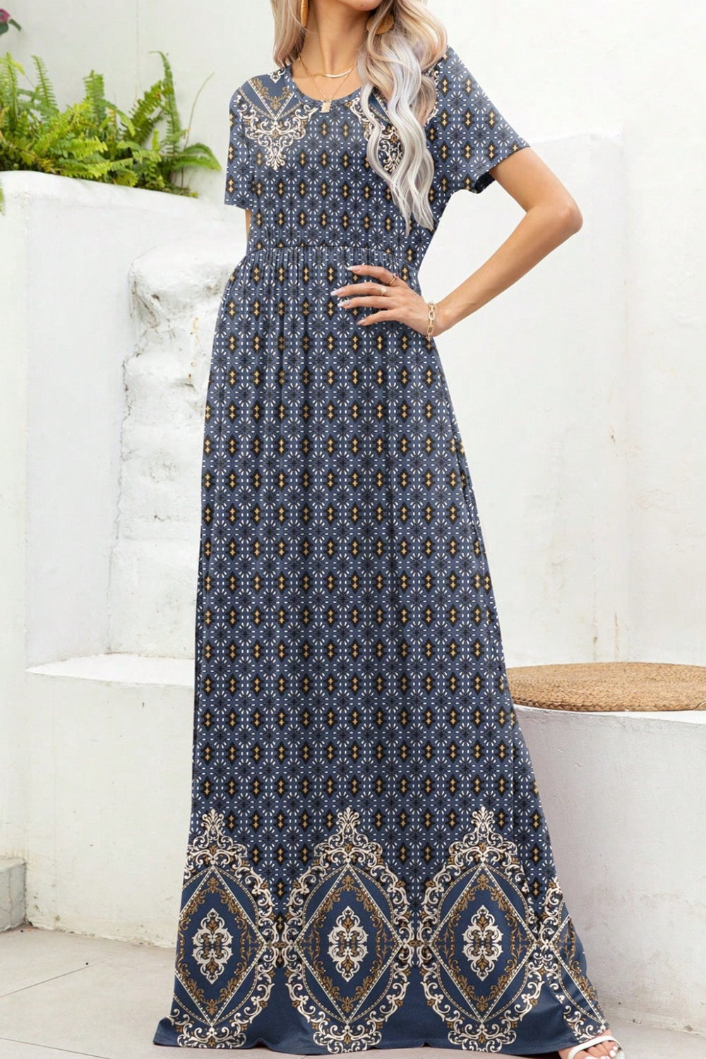 Buy french-blue Printed Round Neck Short Sleeve Maxi Dress