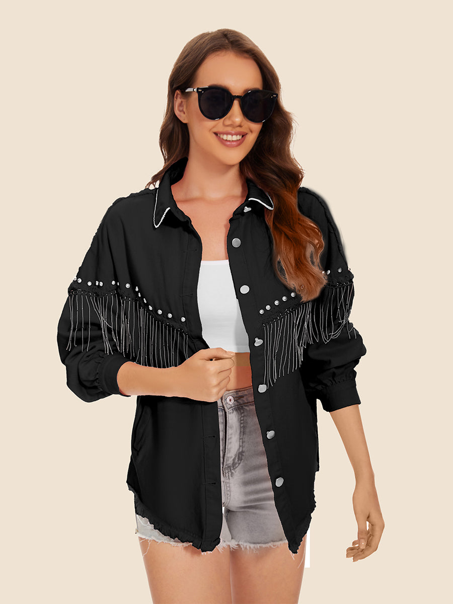 Buy black Raw Hem Fringe Detail Denim Jacket