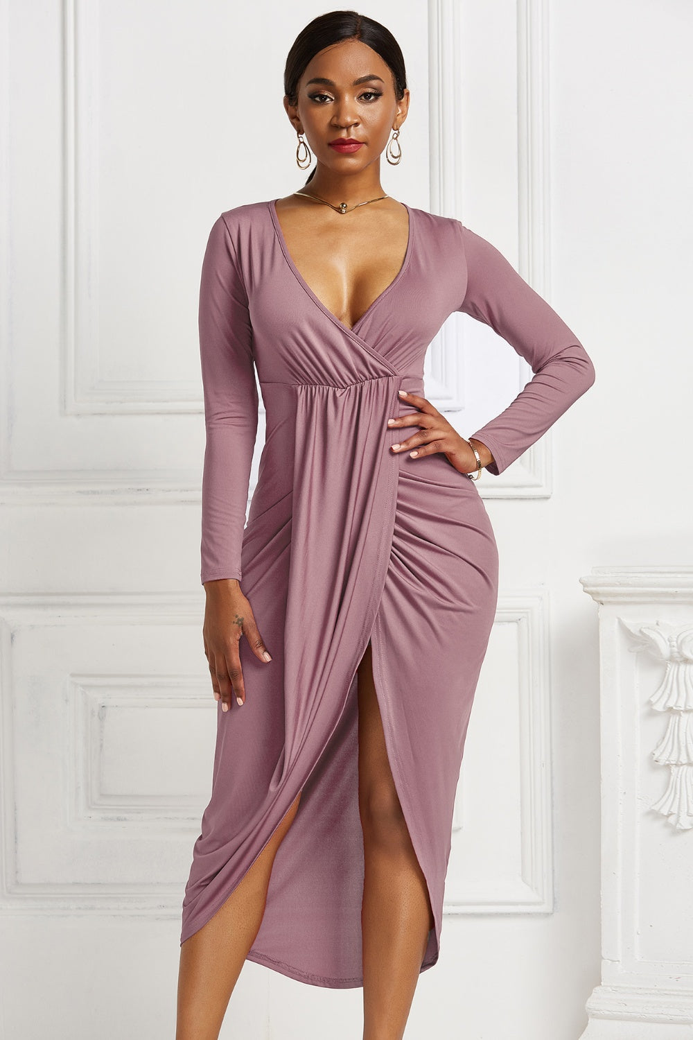 Buy dusty-pink High-low Ruched Surplice Long Sleeve Dress