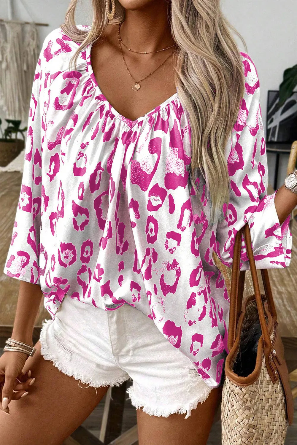 Buy fuchsia-pink Leopard V-Neck Three-Quarter Sleeve Blouse