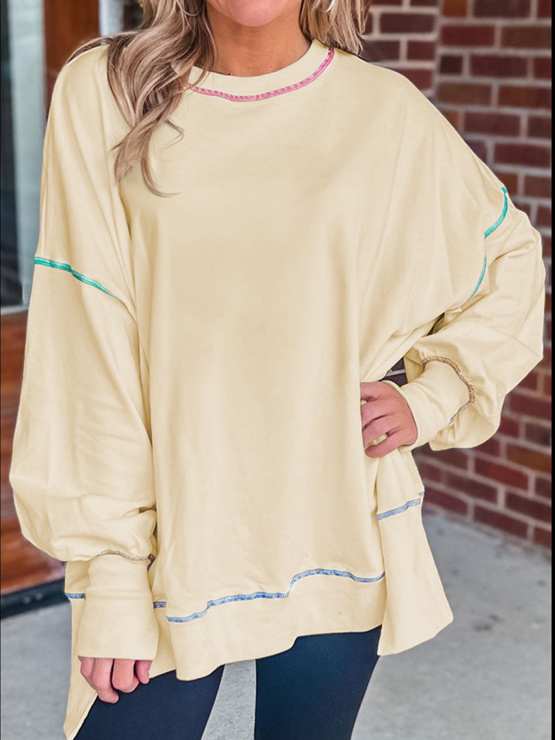 Slit Round Neck Lantern Sleeve Sweatshirt