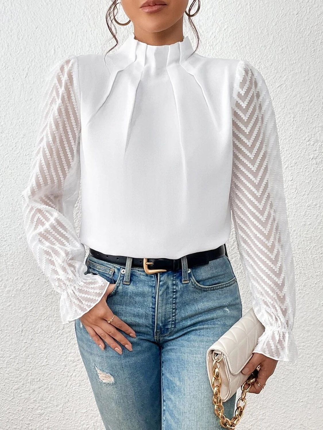 Buy white Mock Neck Flounce Sleeve Blouse