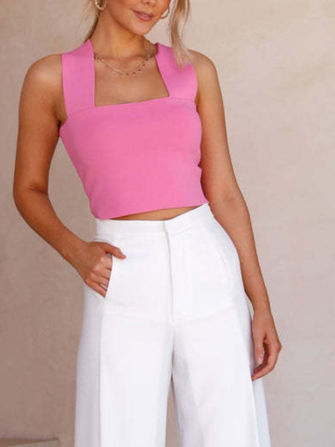 Buy hot-pink Square Neck Wide Strap Tank