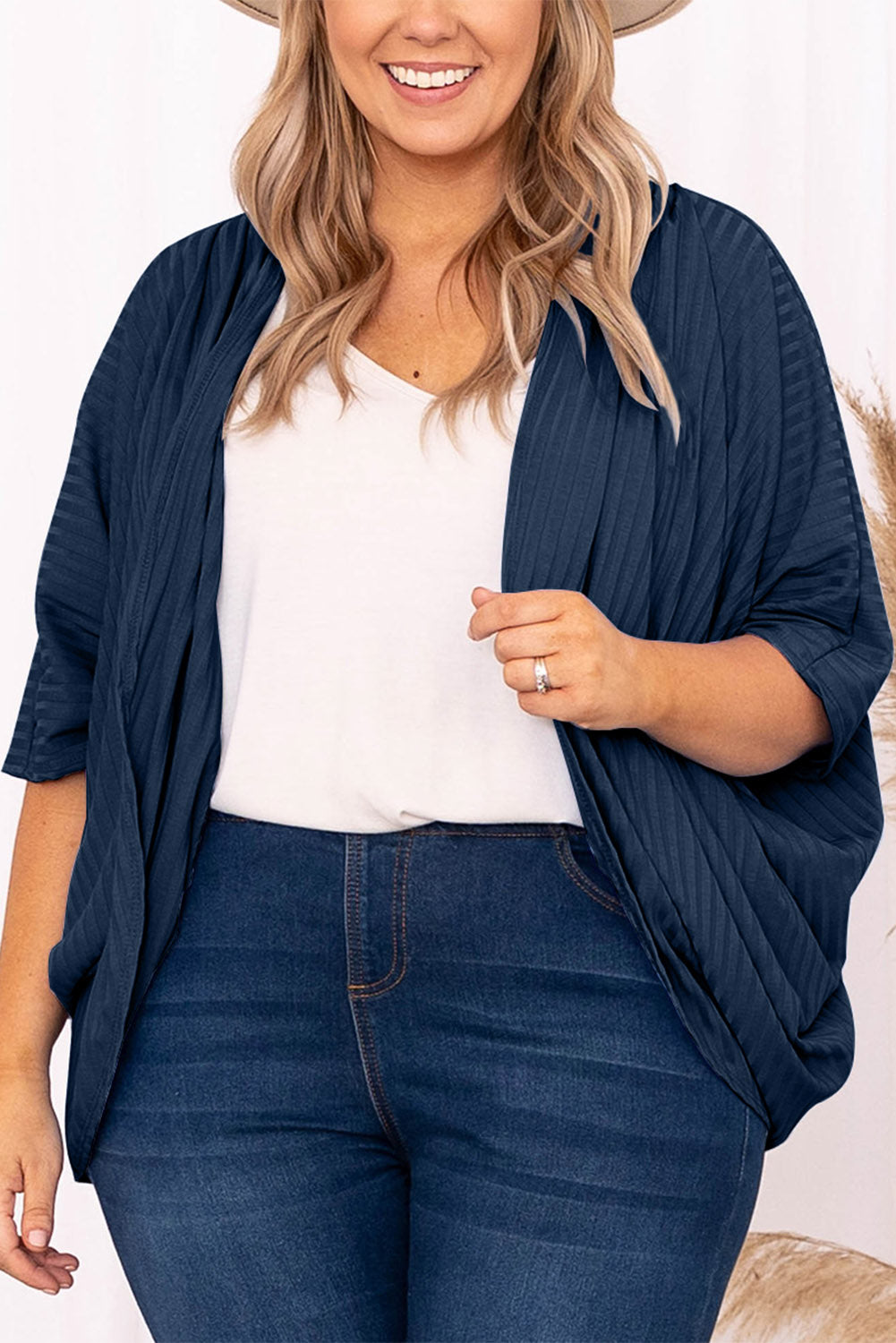 Buy dark-blue Plus Size Ribbed Cocoon Cover Up