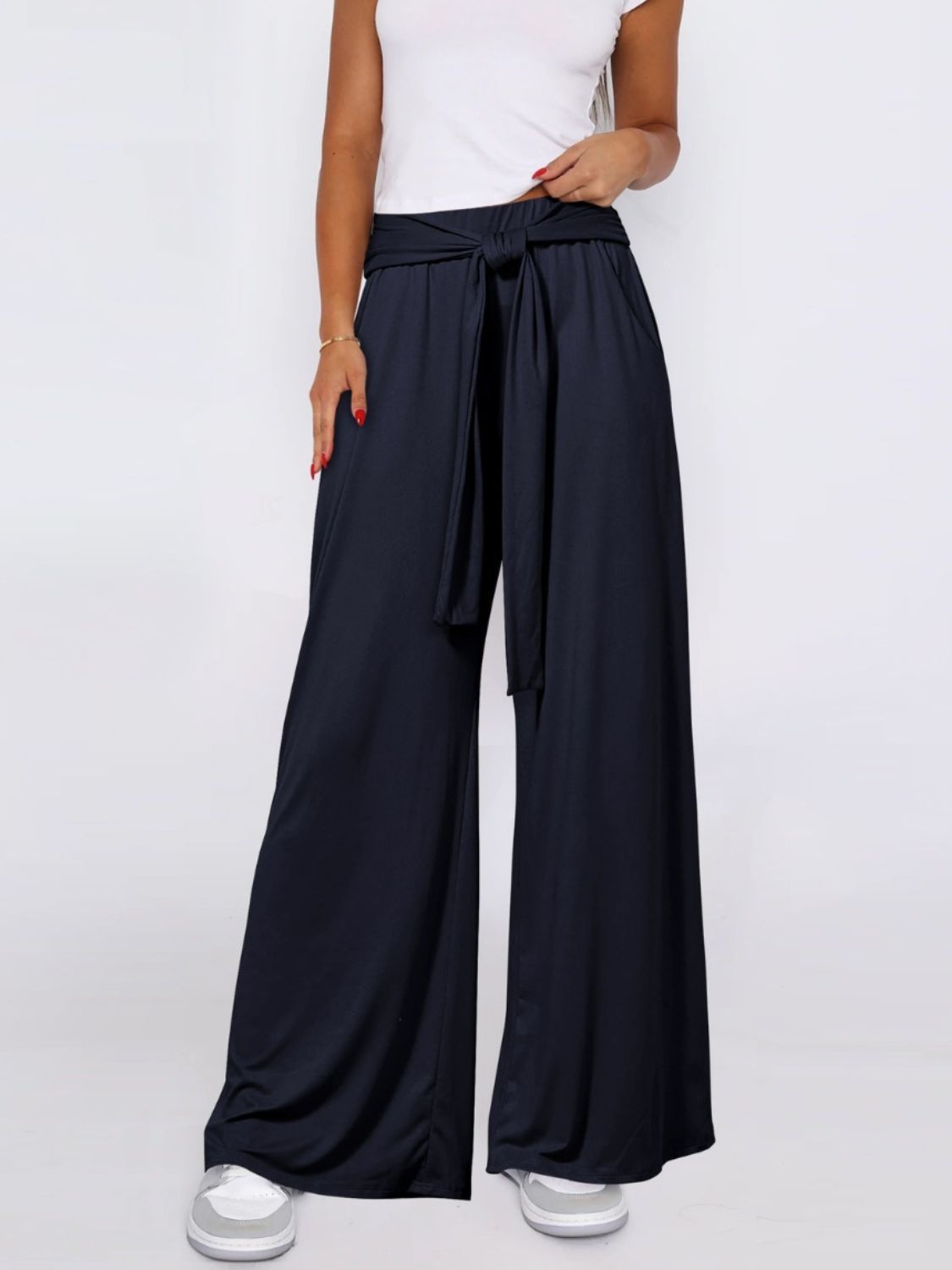 Buy navy Tied Wide Leg Pants with Pockets