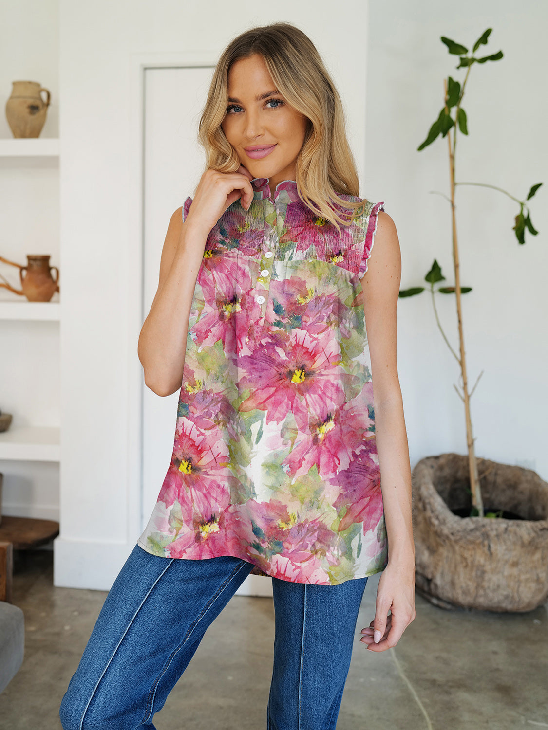 Buy deep-rose FAM-FAM Frill Printed Mock Neck Top