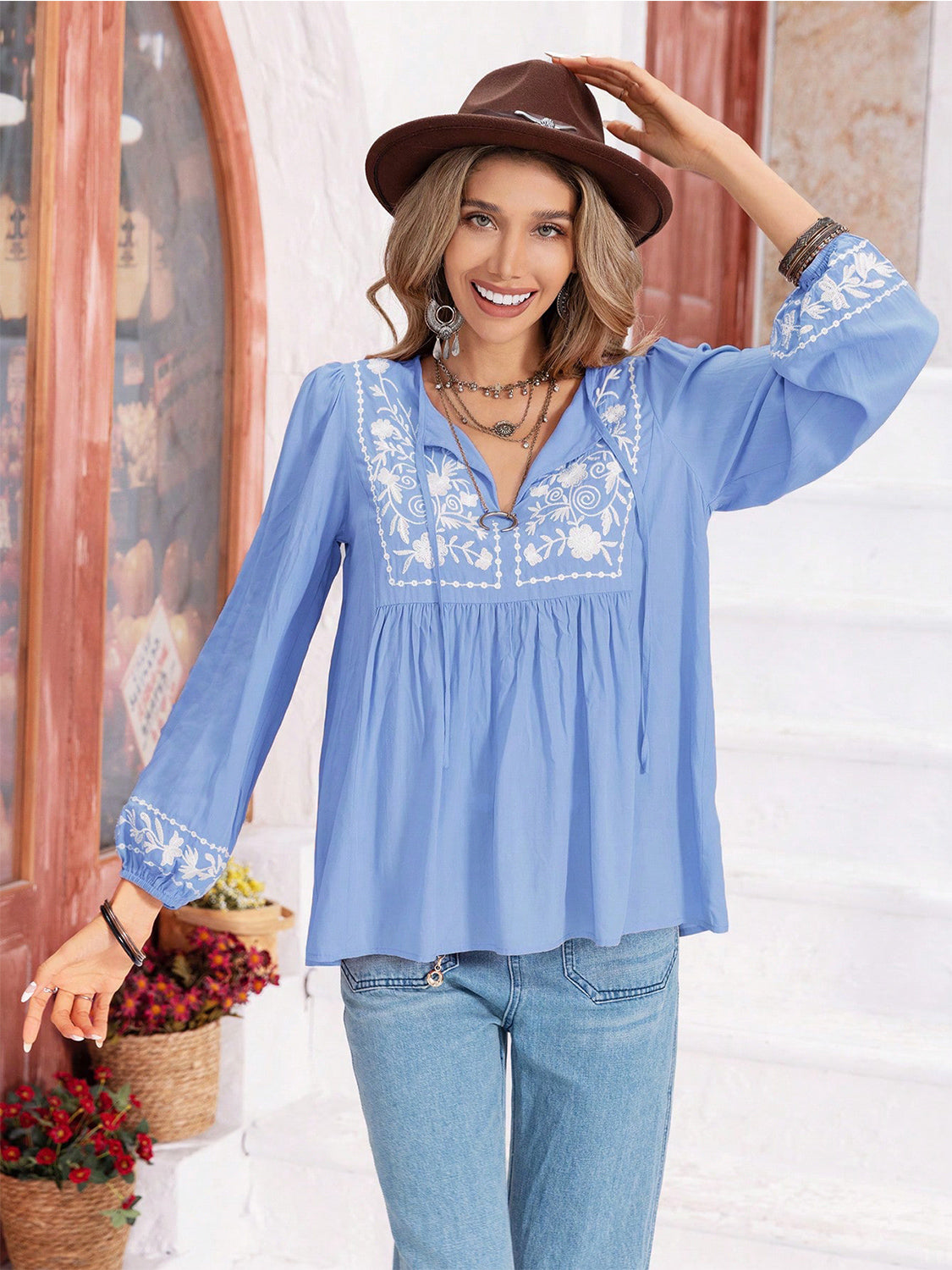 Floral Tie Neck Balloon Sleeve Blouse