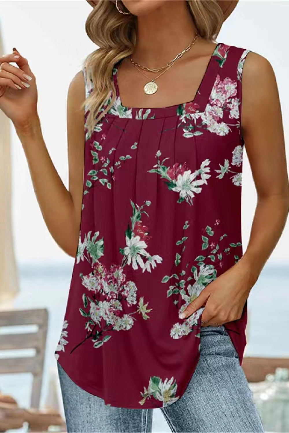 Buy wine Printed Square Neck Curved Hem Tank