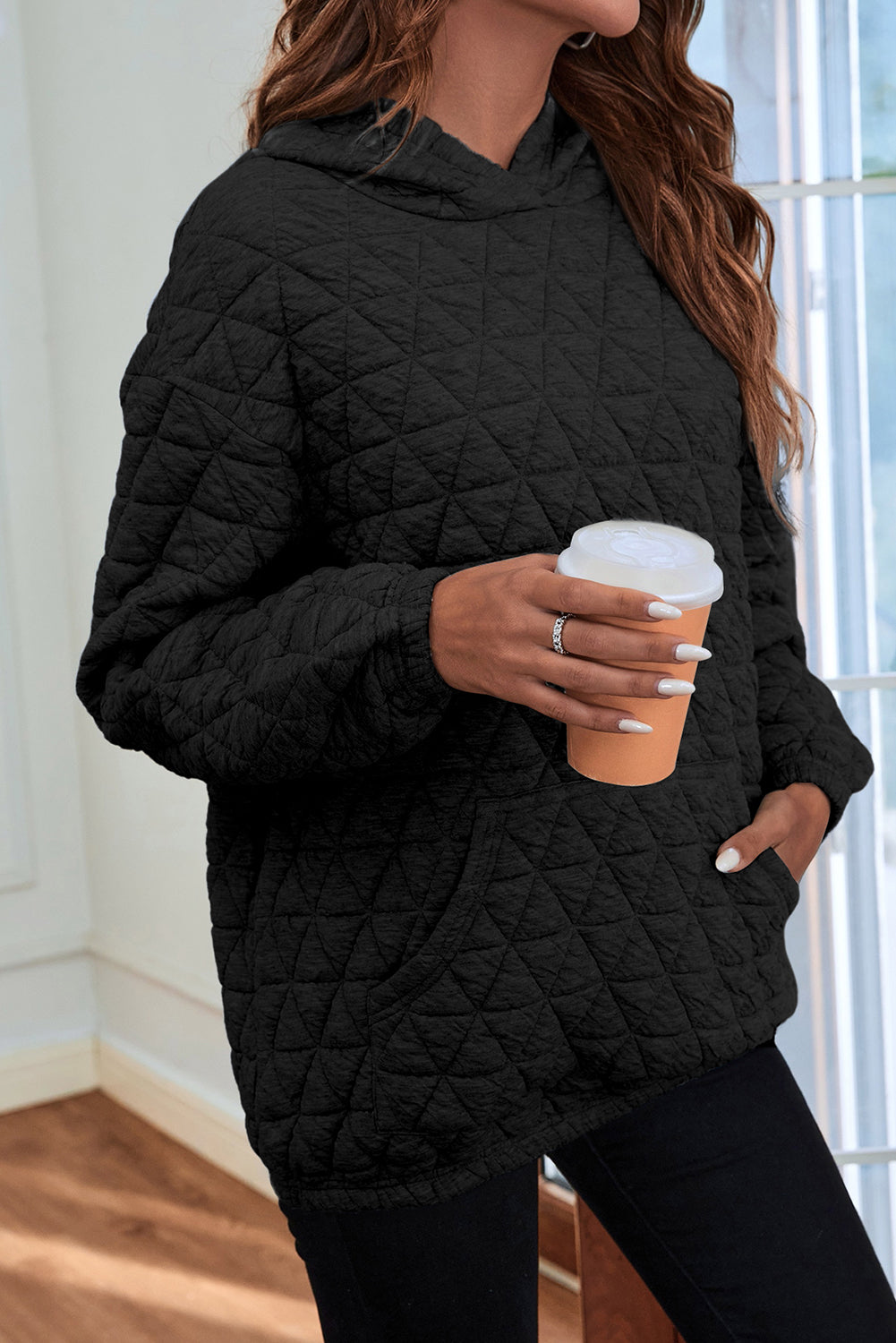 Buy black Quilted Long Sleeve Hoodie with Pocket