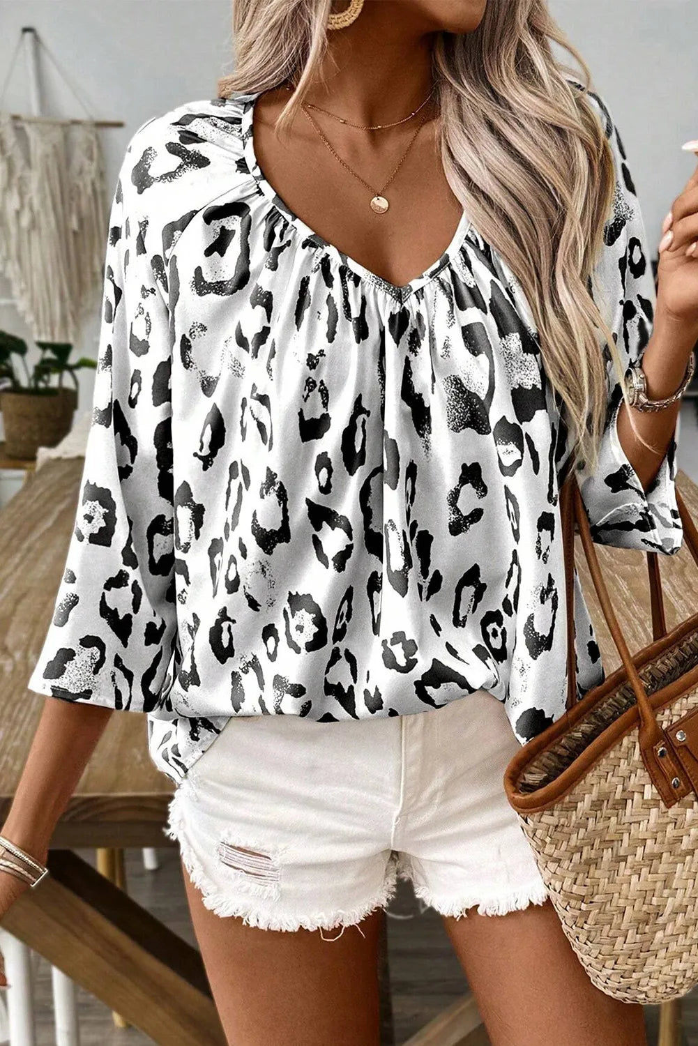 Buy black Leopard V-Neck Three-Quarter Sleeve Blouse