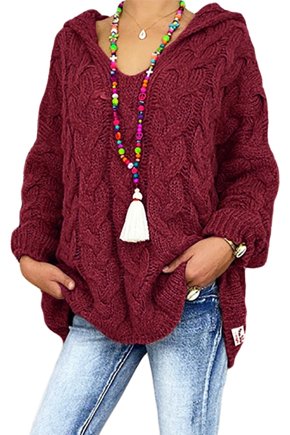 Buy burgundy Cable-Knit Hooded Sweater