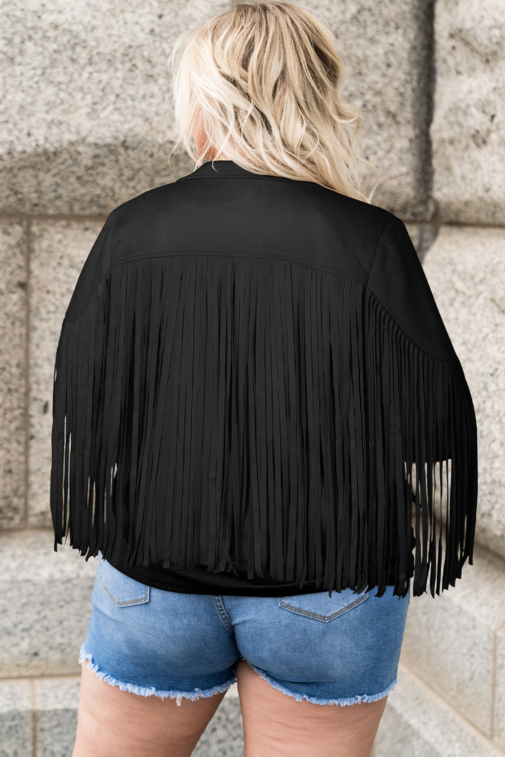 Buy black Plus Size Fringe Open Front Jacket