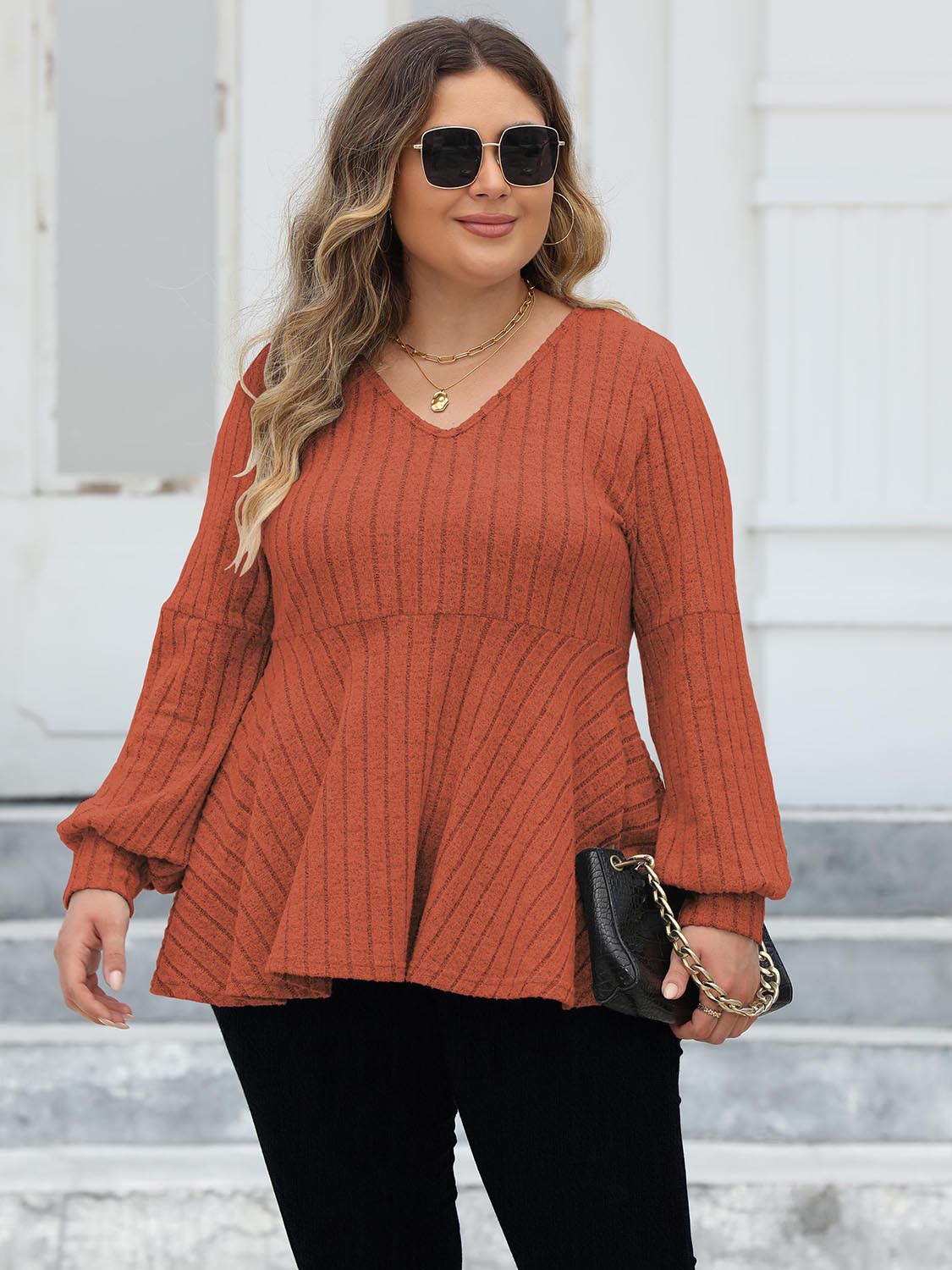 Buy red-orange Plus Size Ribbed V-Neck Long Sleeve Blouse