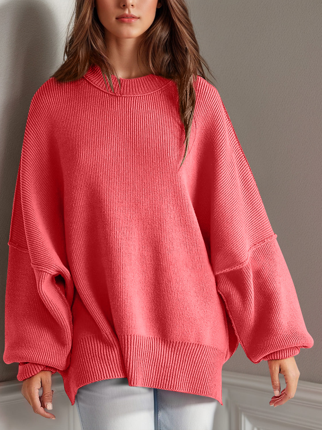 Buy strawberry Double Take Side Slit Round Neck Long Sleeve Sweater