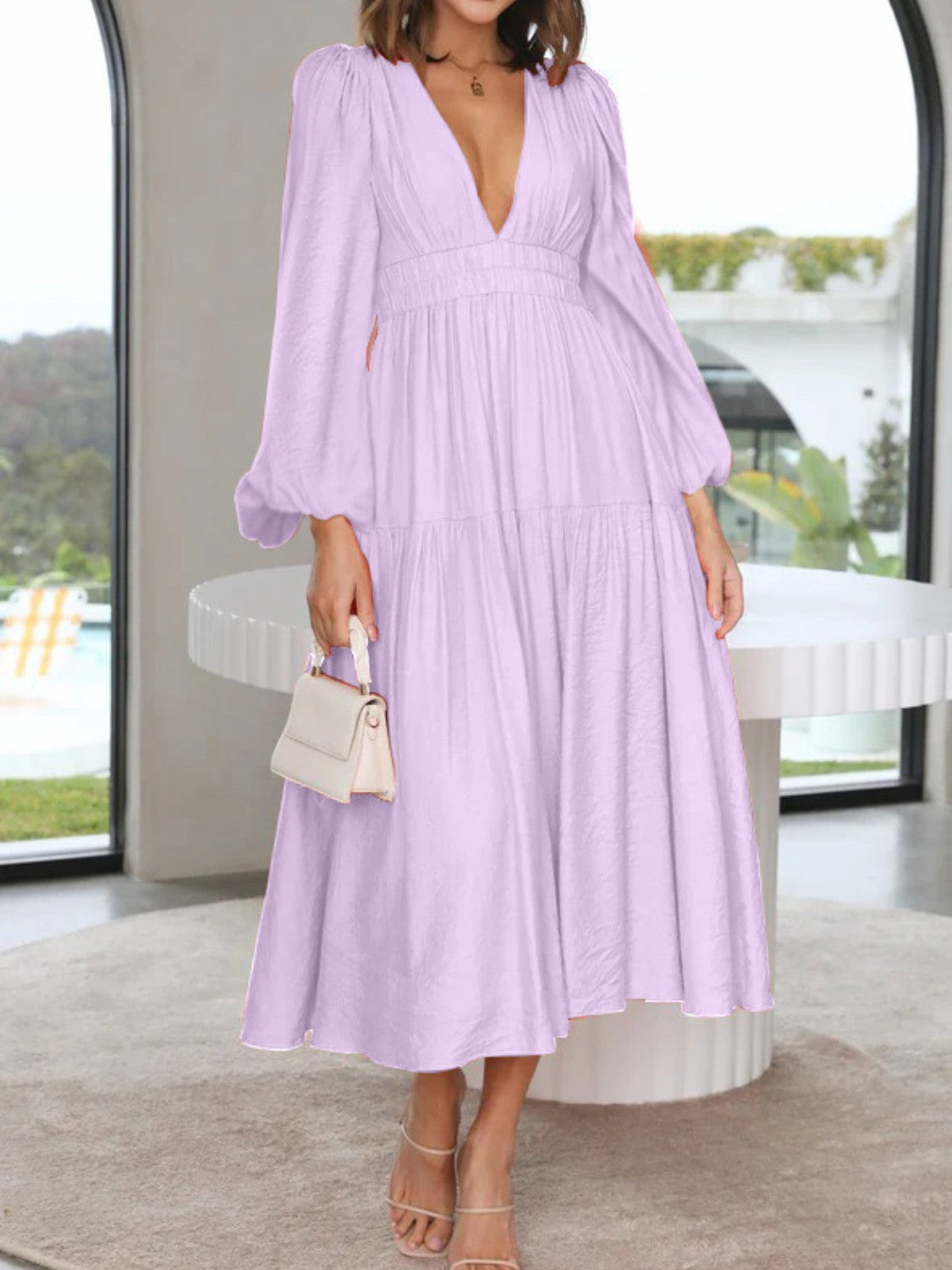 Buy lavender Deep V-Neck Balloon Sleeve Plain Maxi Dress