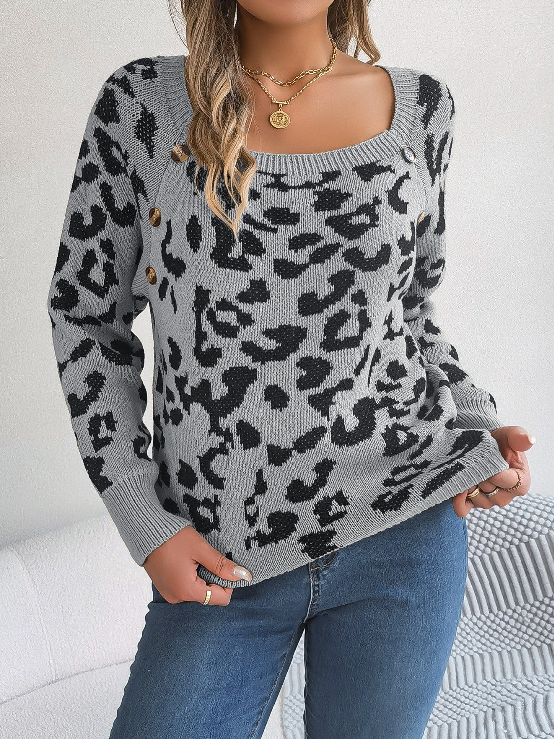 Buy charcoal Leopard Buttoned Square Neck Sweater