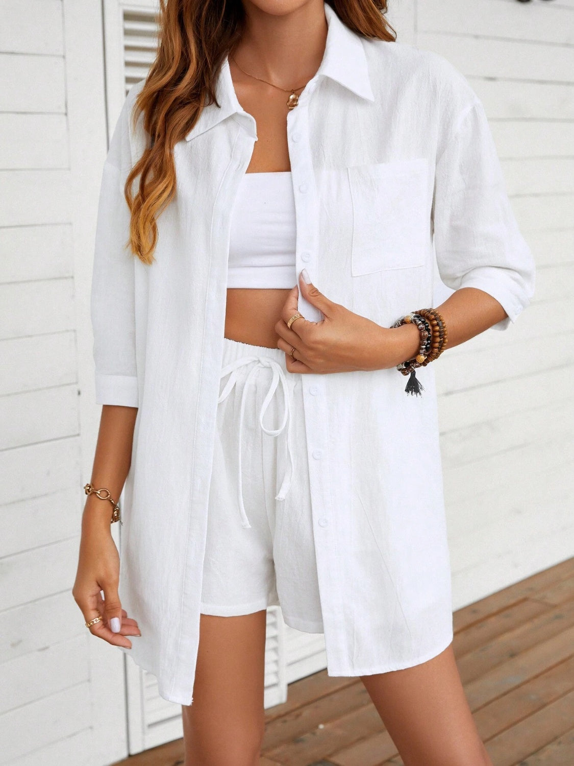 Buy white Dropped Shoulder Button Up Shirt and Shorts Set