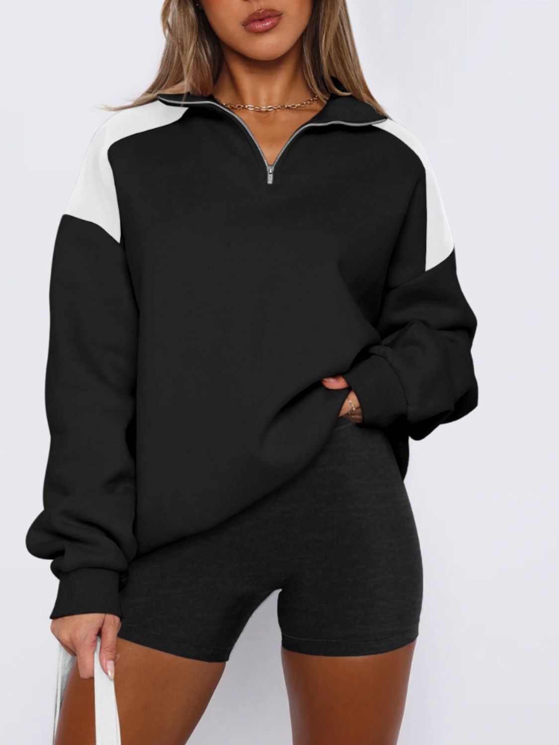 Buy black Contrast Quarter Zip Long Sleeve Sweatshirt