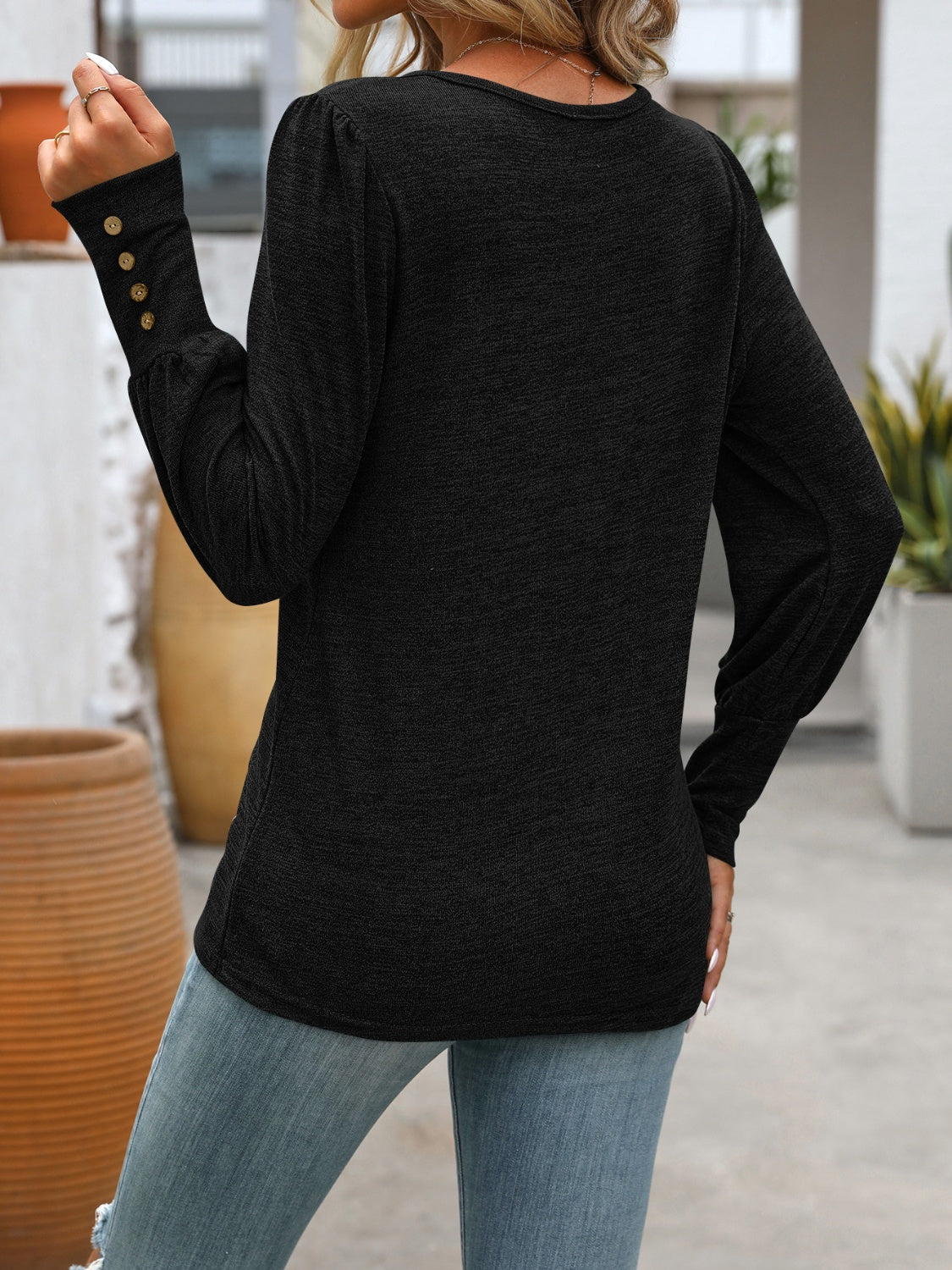 Decorative Button Round Neck Long Sleeve T-Shirt